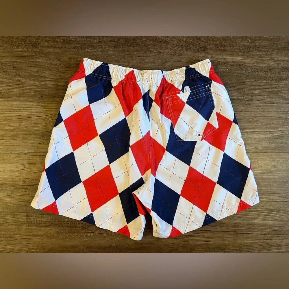 Loudmouth Golf Swim Trunks Board Shorts Blue Red White Argyle Men’s Large I12‎